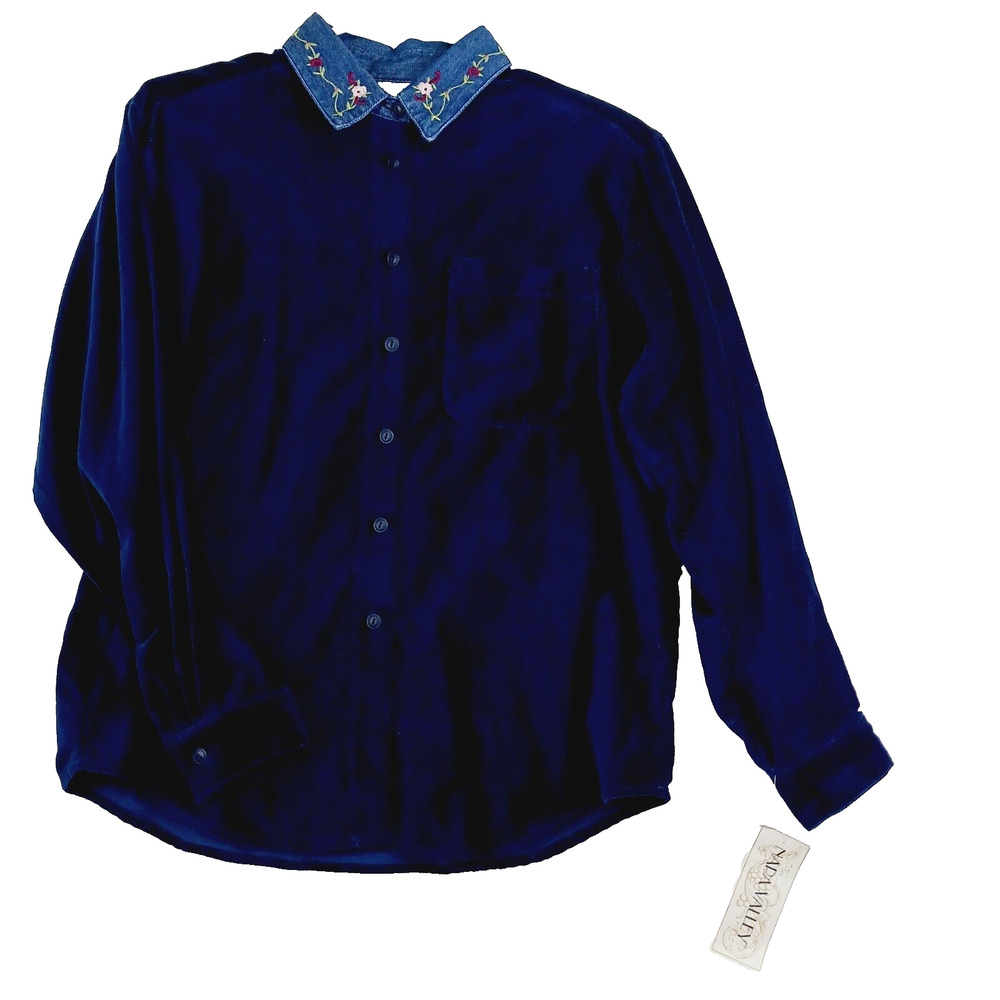Blouse Blue Velour Feel Embroidered Bloomcore Whimsycore Cottagecore NWT Size M
